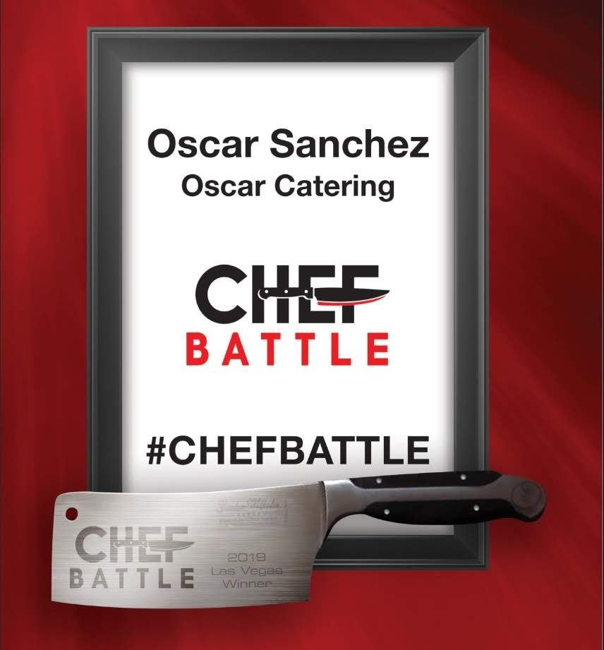 Chef Battle Las Vegas winner award and engraved cleaver presented to Oscar Sanchez