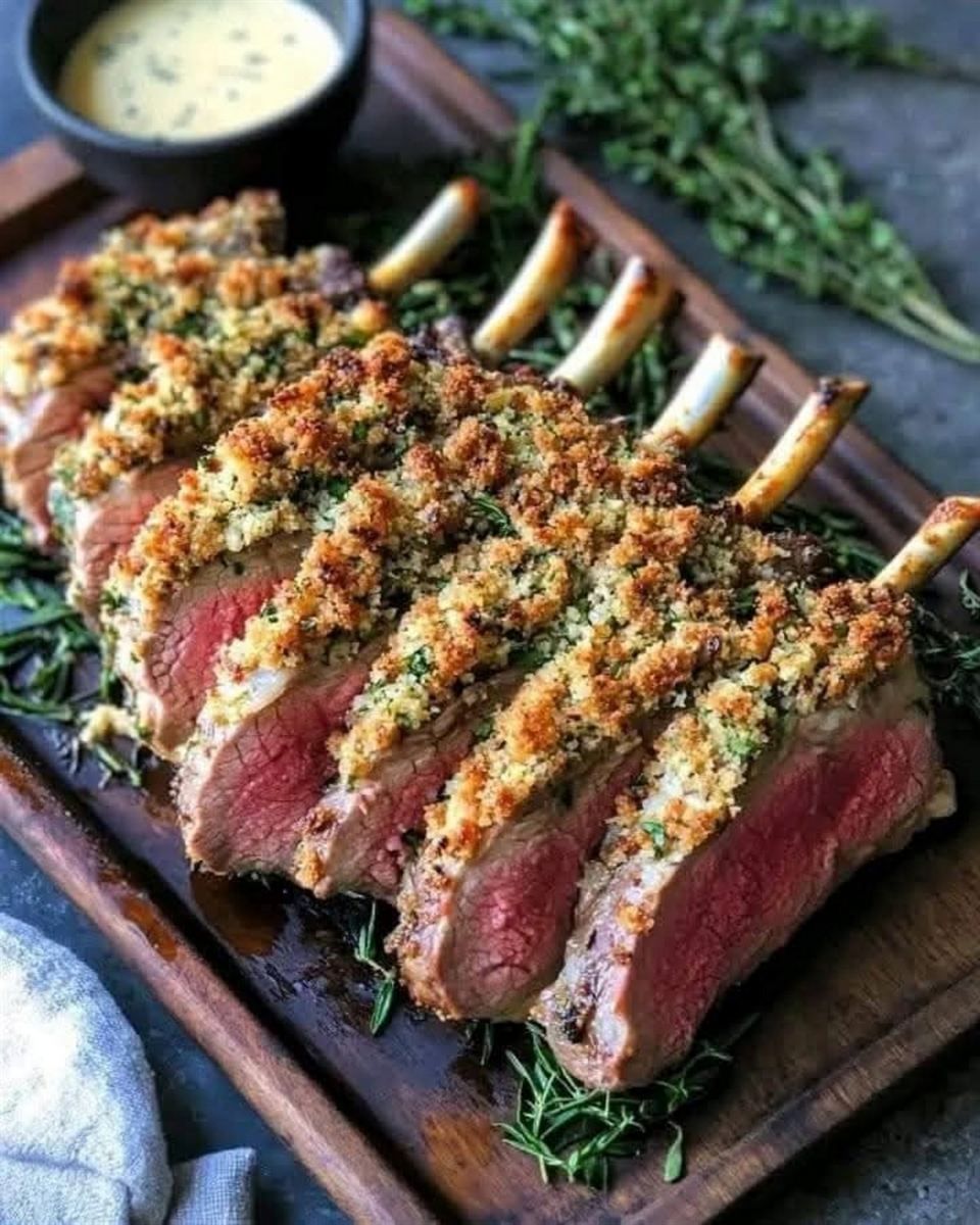 Herb-crusted rack of lamb, carved and plated